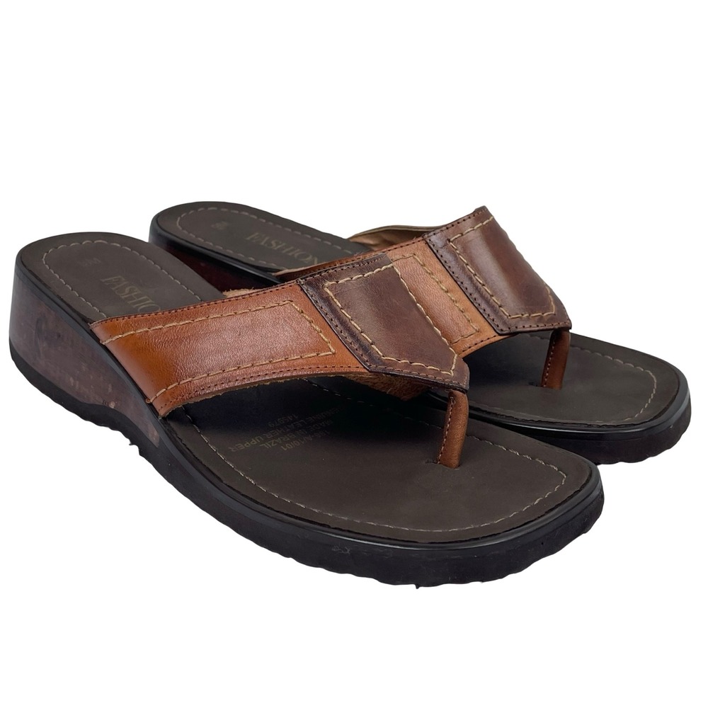Vintage Fashion Bug Thong Sandals Womens 9M Brown Patchwork Leather Platform Y2K